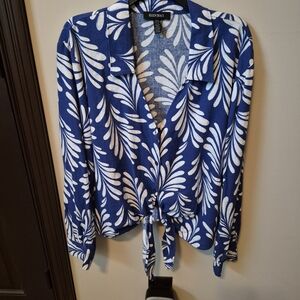 Ellen Tracy Blue and White Leaf Print Blouse